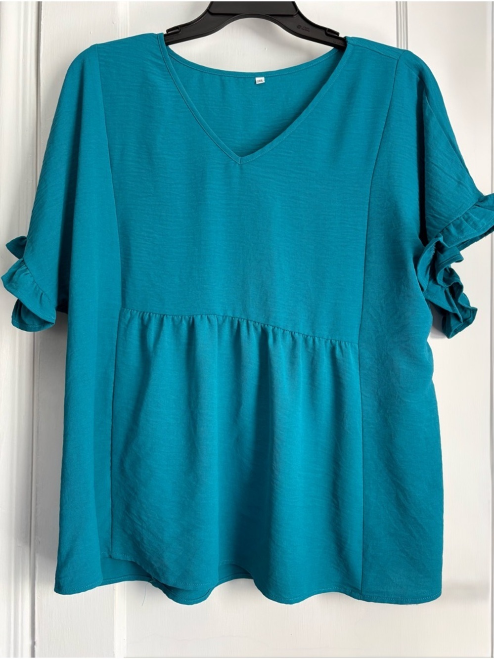 Teal Ruffle Sleeve Peplum V-Neck Women Babydoll Blouse Sz: 2XL